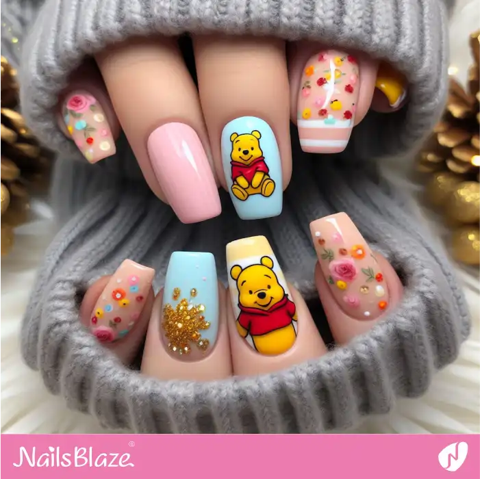 Happy Winnie the Pooh Nails with Flowers | Cartoon Nails - NB1695